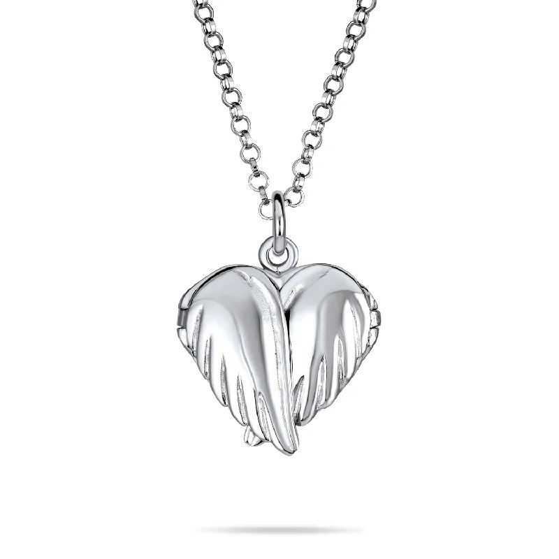 women's necklaces with personalized engraving -Guardian Angel Wing Heart Keepsake Locket Necklace for Teens Holds Photos Silver