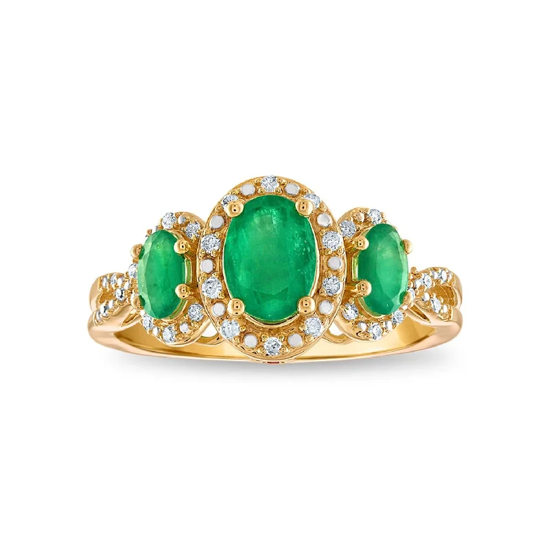 women's engagement rings with contemporary style -LoveSong Oval Emerald and Diamond Three Stone Halo Ring in 10KT Yellow Gold