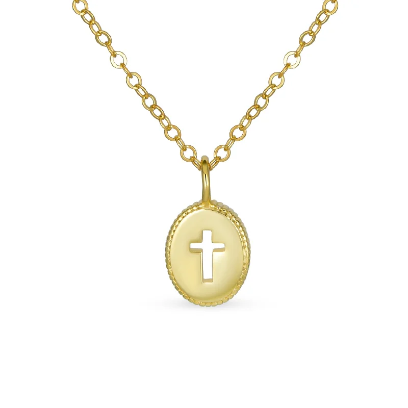 women's necklaces with diamond accents -Tiny Petite Religious Cross Pendant Necklace 14K Gold Plated Sterling Silver Chain