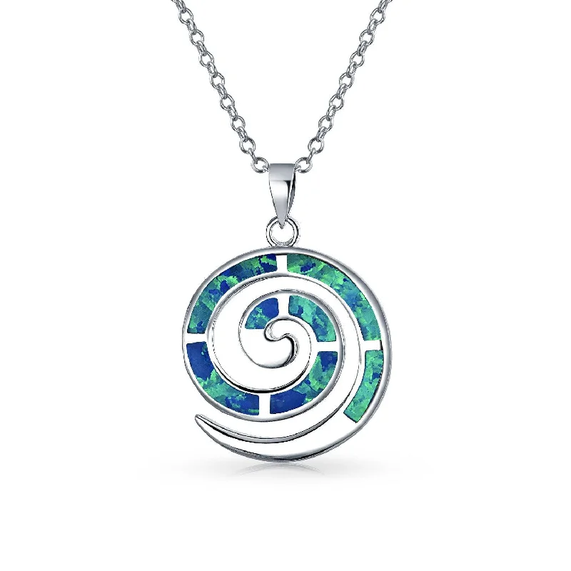 women's necklaces with elegant design -Round Blue Opal Spiral Maze Pendant Necklace in Sterling Silver