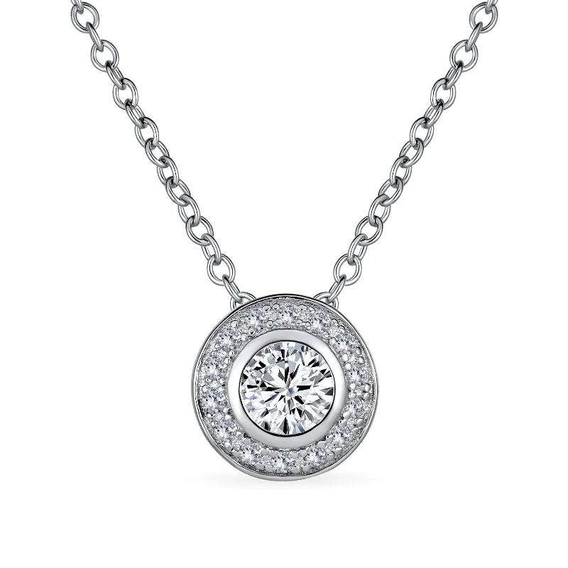 women's necklaces with modern clasp -Classic Art Deco Bridal Necklace CZ Halo Circle Pendant Sterling Silver