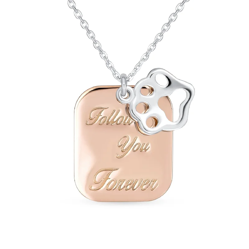 women's necklaces with round pendant -Two Tone Paw Prints Dog Tag Pendant Necklace Rose Gold & Sterling Silver