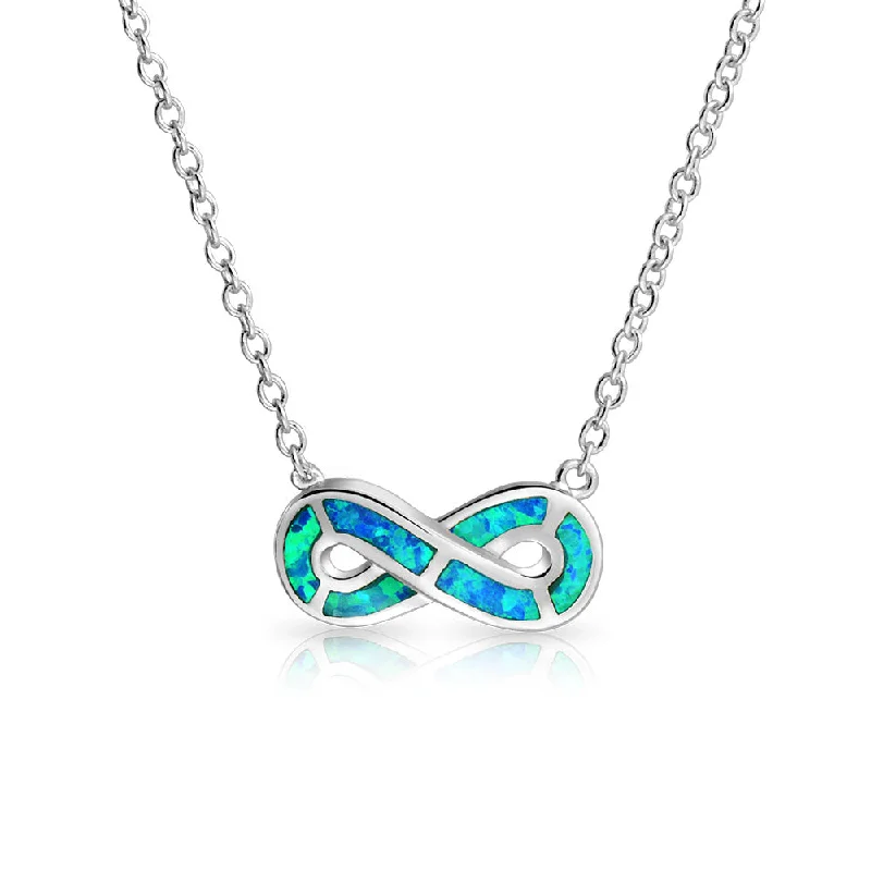 women's necklaces with silver-plated finish -Eternity Love Knot Blue Opal Infinity Pendant Necklace Sterling Silver Birthstone