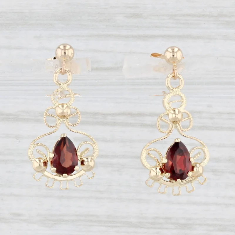 women's earrings with diamond-encrusted design -1ctw Garnet Filigree Dangle Earrings 14k Yellow Gold Drops