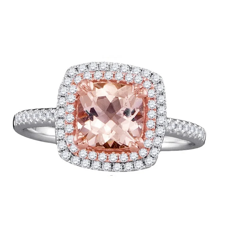 women's engagement rings with engraved details -7MM Cushion Morganite and Diamond Halo Ring in 14KT White and Rose Gold