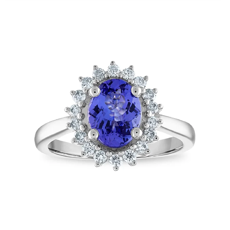 women's engagement rings with diamond accents -9X7MM Oval Tanzanite and Diamond Halo Oval Ring in 10KT White Gold