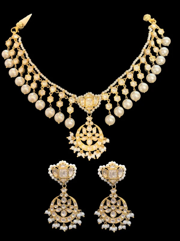 women's necklaces with geometric design -Gold plated silver moissanite and pearl necklace set ( SHIPS IN 4 WEEKS )