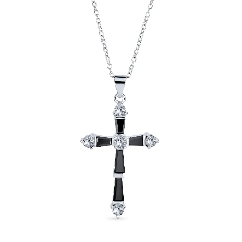 women's necklaces with vintage style -Religious Vintage Faith Hope Love CZ Black Onyx Cross Pendant Necklace Silver