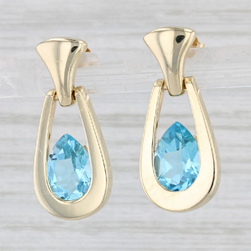 women's earrings with chic pearls -4.60ctw Blue Topaz Dangle Earrings 14k Yellow Gold Pierced Drops