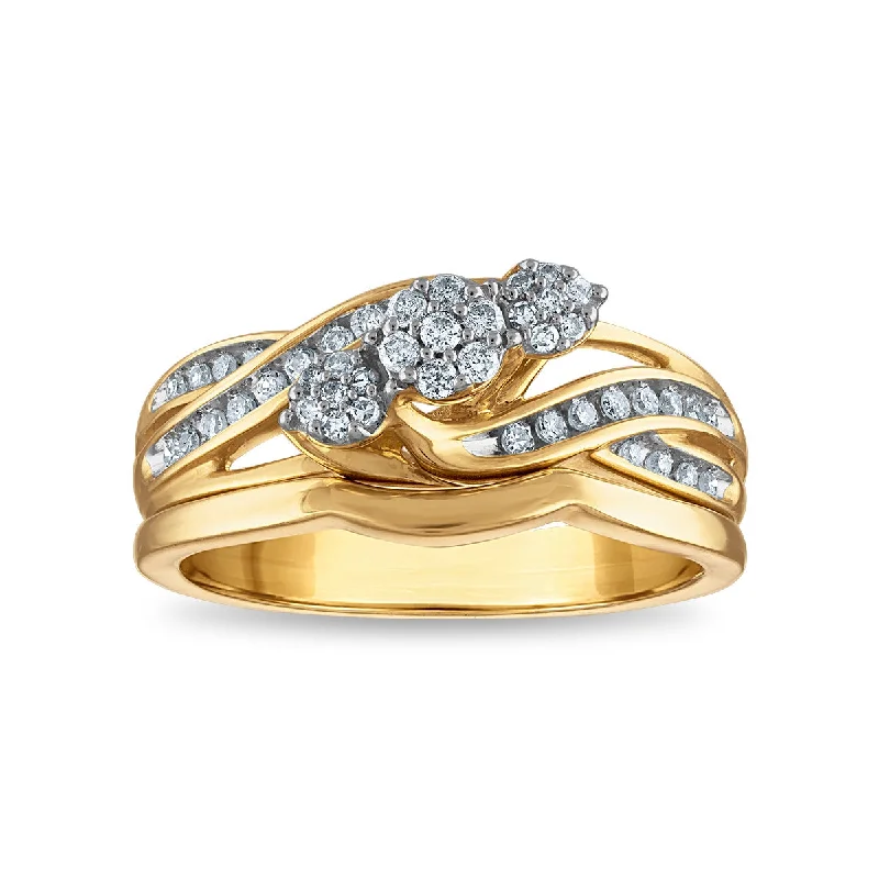 women's engagement rings with milgrain details -1/4 CTW Diamond Three Stone Cluster Bridal Set Ring in 10KT Yellow Gold