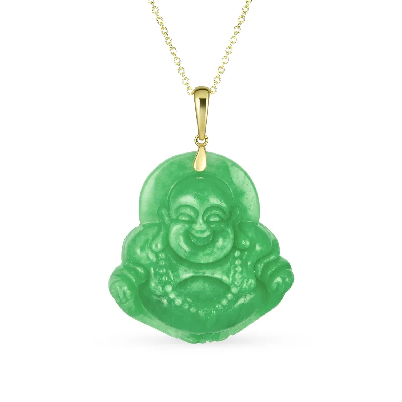 women's necklaces with modern twist -Yogi Amulet Green Jade Laughing Buddha Pendant Necklace 14K Gold Plated Silver