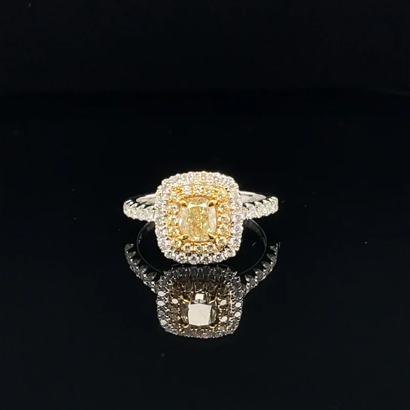 women's engagement rings with bold setting -Fancy Yellow & White Diamond Double Halo Ring in 18k Two Tone Gold - (#119-JR0220GH)