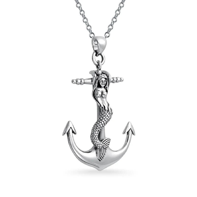 women's necklaces with gemstone -Nautical Anchor Mermaid Pendant Necklace in Oxidized Sterling Silver