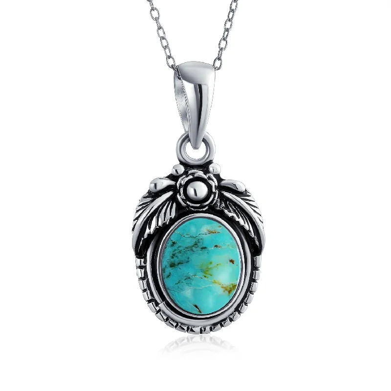 women's necklaces with modern twist -Southwest Gemstone Turquoise Leaf Feather Pendant Necklace in Sterling Silver