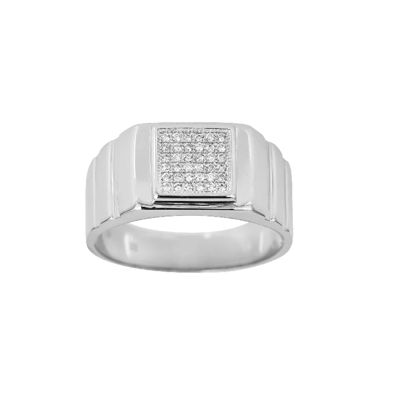 women's rings with classic gold band -Pave Square Ridged Men's Ring (Silver)