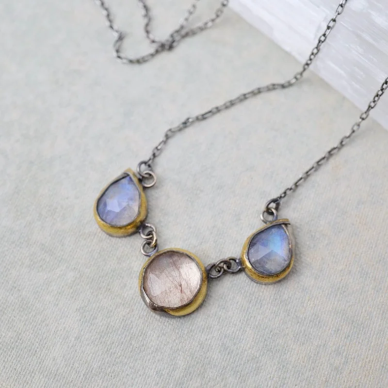 women's necklaces with floral pendant -Rainbow Moonstone & Rutilated Quartz 3 Crescent Rim Necklace