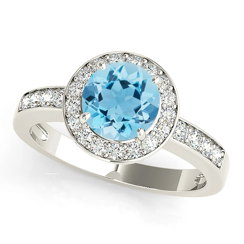 women's engagement rings with white gold band -1.75 ct. Genuine Aquamarine Ring With Halo And Delicate Diamond Band