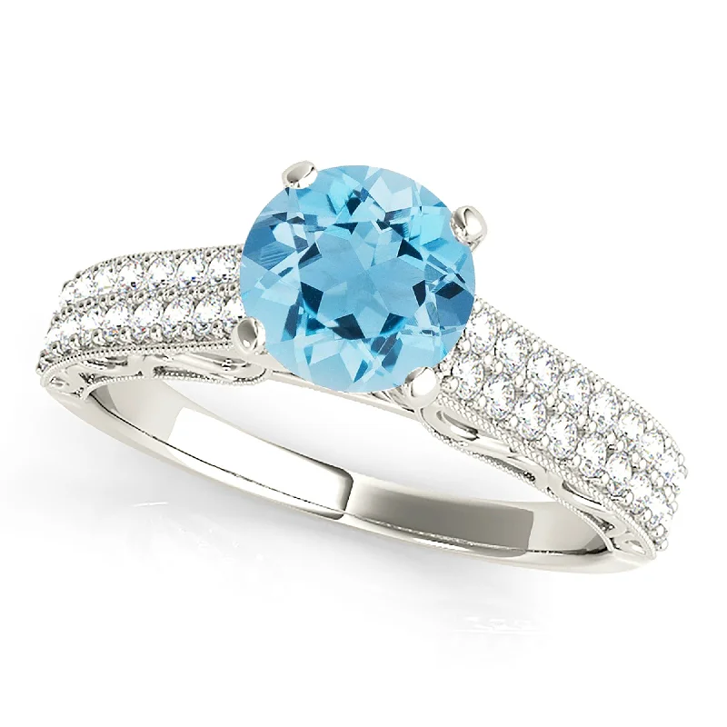 women's engagement rings with diamond accents -1.10 ct. Genuine Aquamarine Ring with 0.35 ctw. Double Row Diamond Band