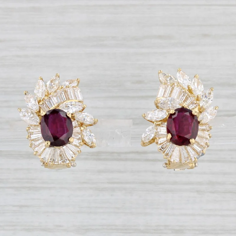 women's earrings with ruby -4.42ctw Oval Ruby Diamond Cluster Drop Earrings 18k Yellow Gold GIA Omega Backs