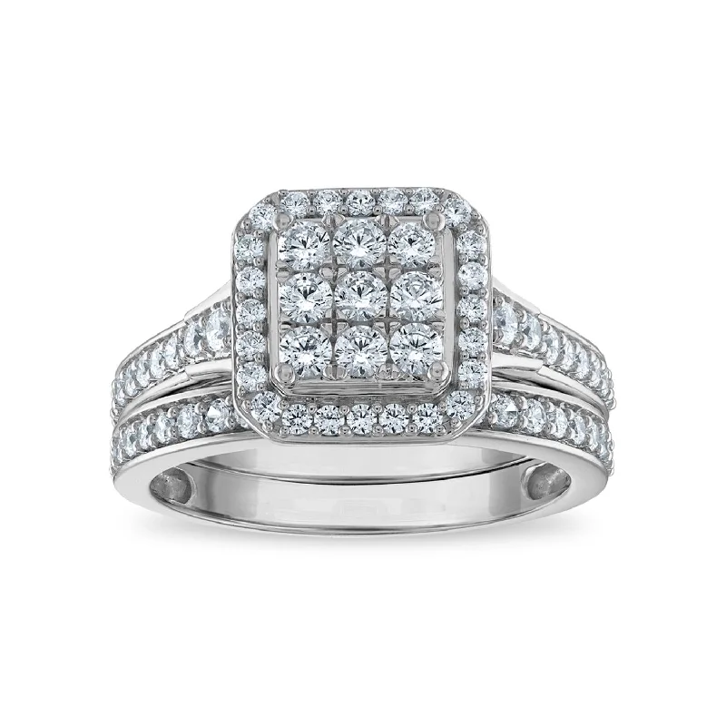 women's engagement rings with floral design -LoveSong EcoLove 1 CTW Lab Grown Diamond Cluster Halo Bridal Set in 10KT White Gold