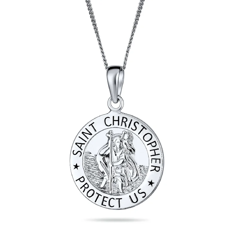 women's necklaces with colored stones -Medium Saint Christopher Pendant Necklace Sterling Silver Religious Medal