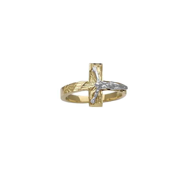 women's rings with emerald-cut stone -Sideways Textured Crucifix Ring (14K)