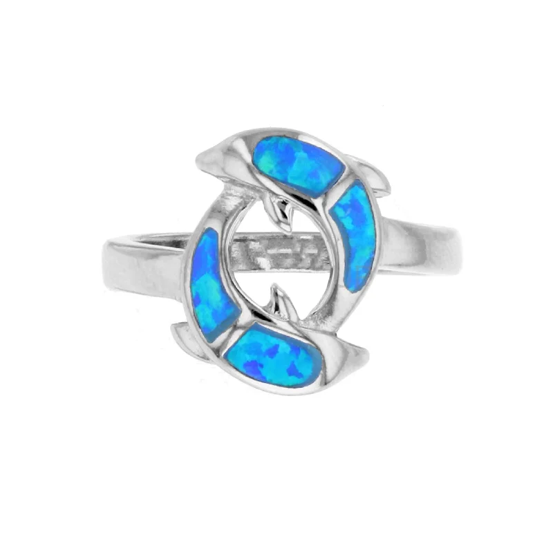 women's rings with custom fit -Blue Opal Dolphin Ring (Silver)