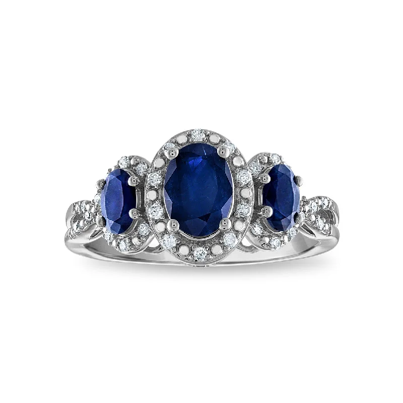 women's engagement rings with diamond cluster -LoveSong Oval Sapphire and Diamond Three Stone Halo Ring in 10KT White Gold