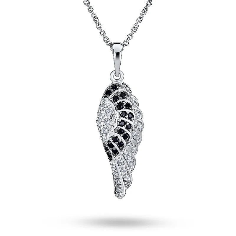 women's necklaces with sapphire -Two Tone CZ Angel Wing Feather Dangle Pendant Necklace Silver Plated