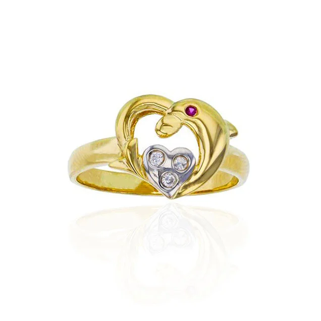 women's rings with heart-shaped gemstone -Dolphin & Heart Ring (14K)