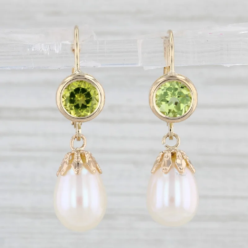 women's earrings with emerald -Cultured Pearl Peridot Drop Earrings 14k Yellow Gold Lever Backs