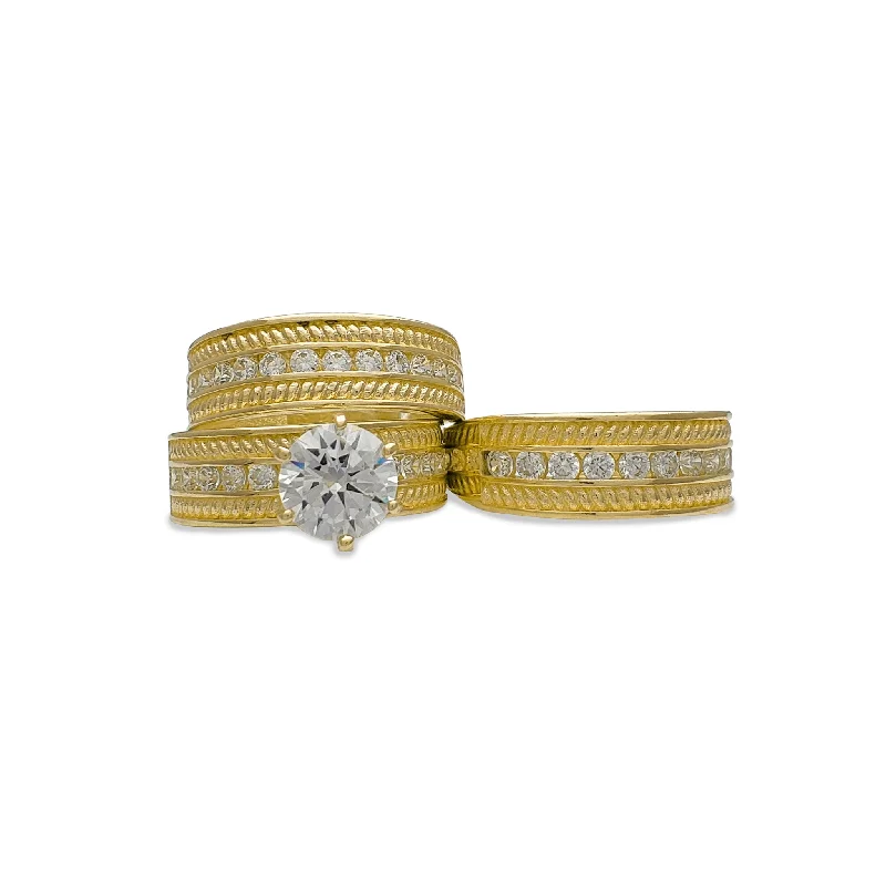 women's rings with luxe gemstones -Zirconia Rope Textured Three-Piece-Set Rings (14K)