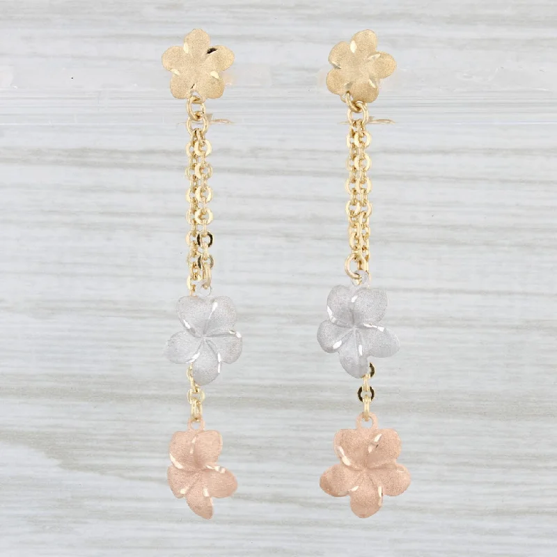 women's earrings with butterfly design -Plumeria Flower Dangle Earrings 18k Yellow White Rose Gold Drops