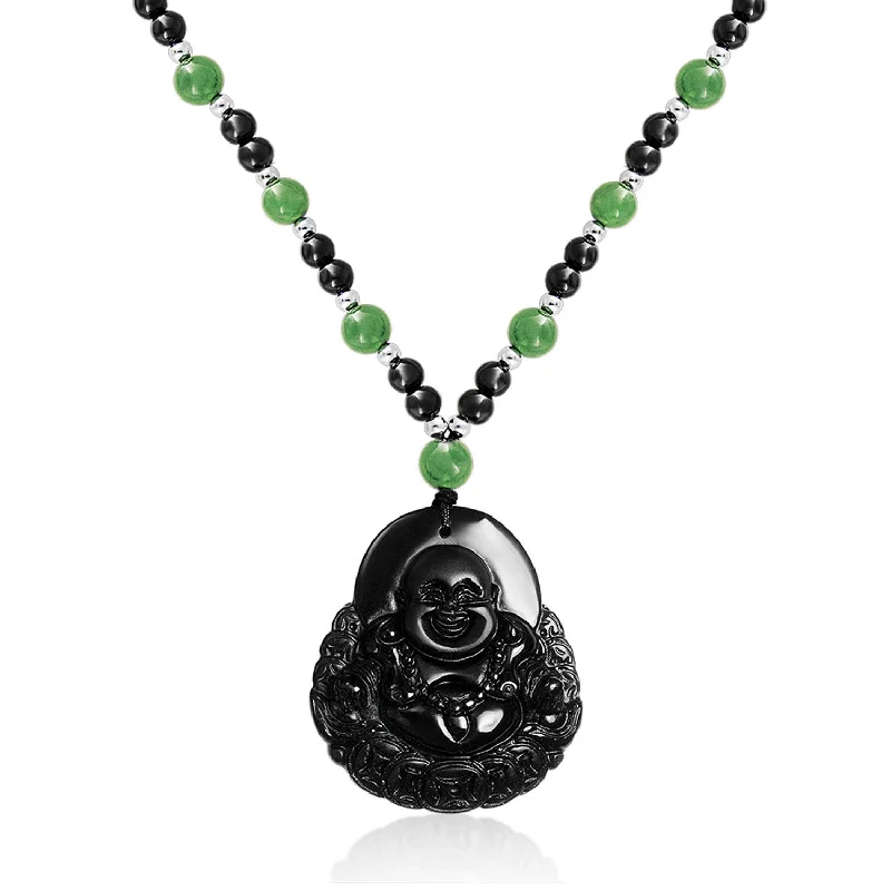 women's necklaces with adjustable clasp -Yogi Amulet Mala Green Black Bead Buddha Pendant Necklace for Men Boho Fashion