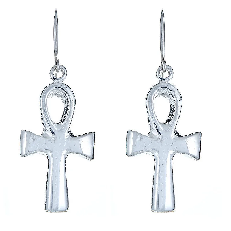 women's earrings with luxury stone -Smooth Ankh Cross .925 Sterling Silver Earrings