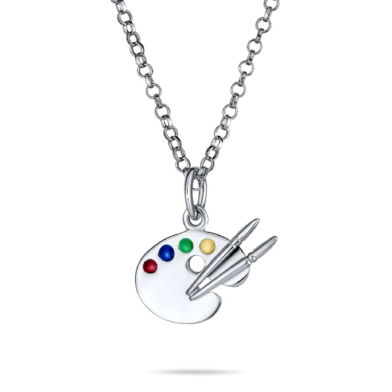 women's necklaces with ruby -Art Palette & Paint Brush Pendant Necklace for Art Teachers Sterling Silver