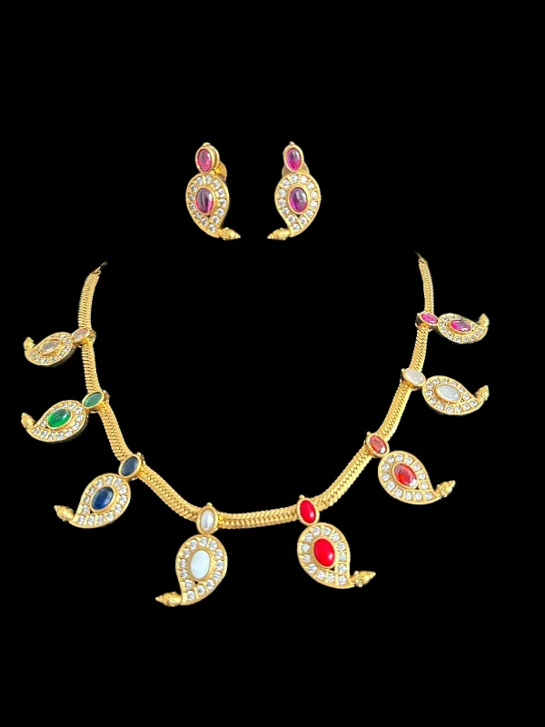 women's necklaces with diamond pendant -DNS146 Navratan mango necklace set ( READY TO SHIP )