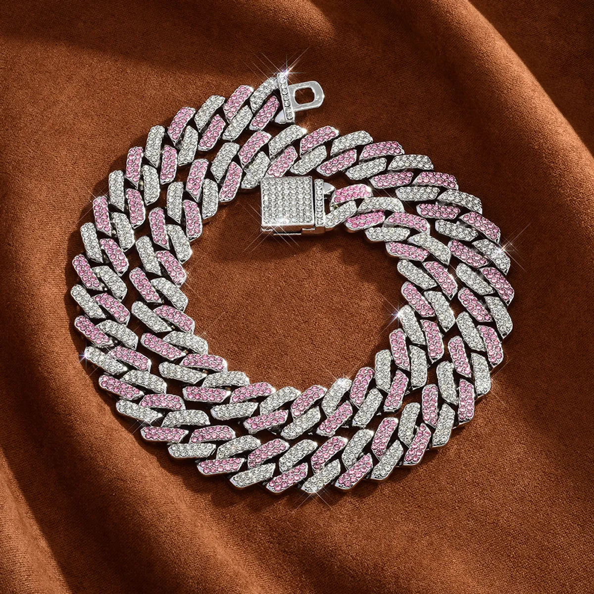 Silver White Pink Diamond Cuban Link Chain