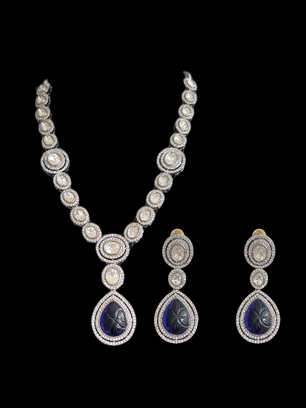 women's necklaces with birthstone -DNS95 Reema high quality Polki necklace set - BLUE   ( READY TO SHIP )