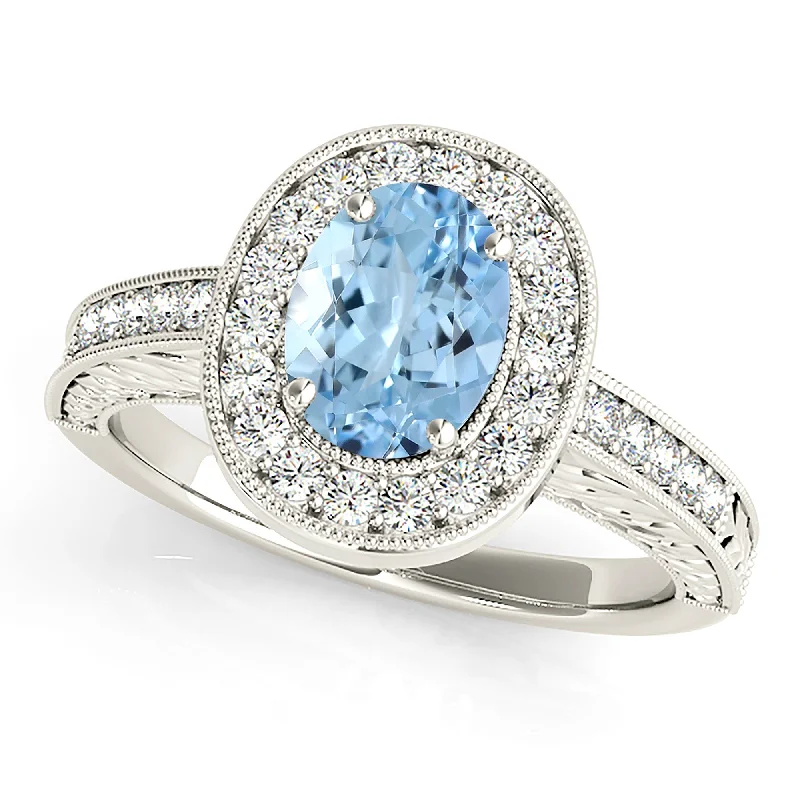 women's engagement rings with halo ring -2.00 ct. Genuine Oval Aquamarine Ring With Milgrain Halo And Filigree Diamond Band