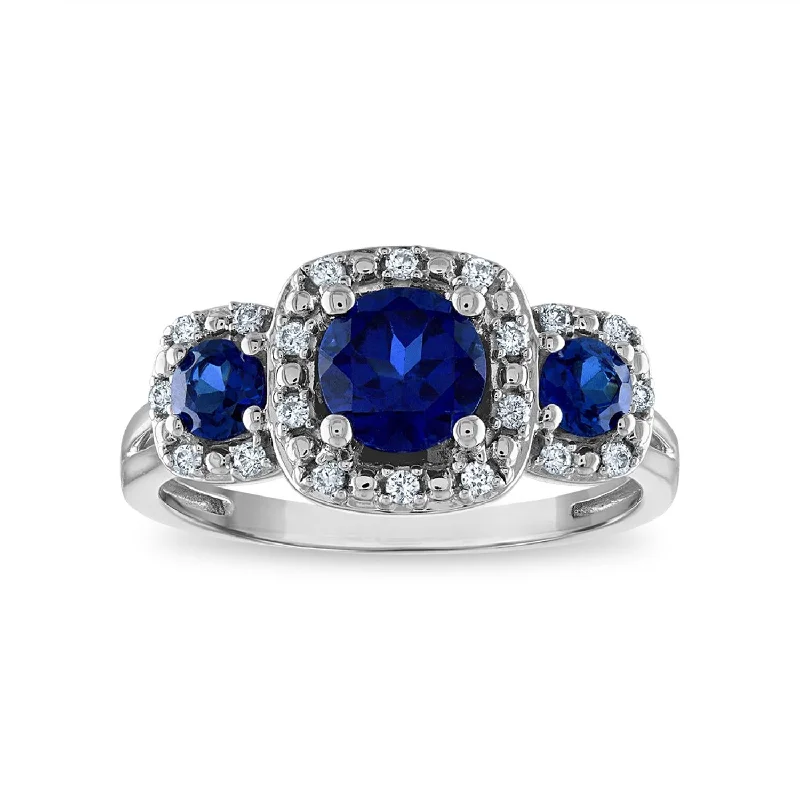 women's engagement rings with classic round halo -LoveSong EcoLove 6XMM Round Blue Sapphire and Diamond Three Stone Halo Ring in 10KT White Gold