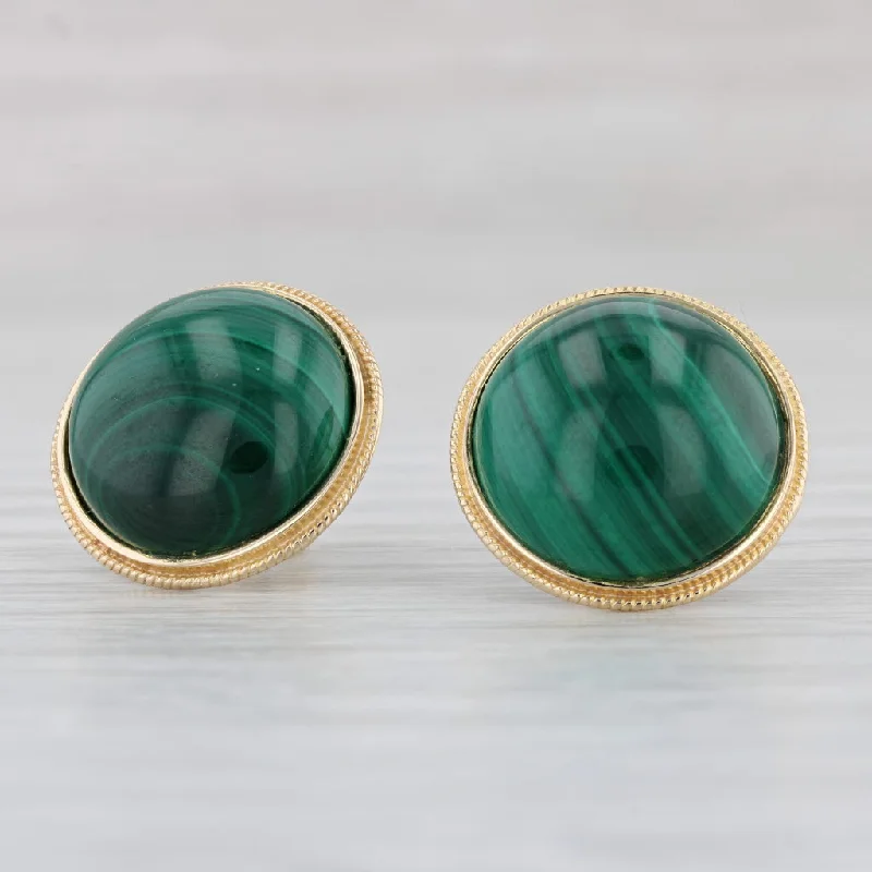 women's earrings with hoop earrings set -Green Malachite Cabochon Stud Earrings 10k Yellow Gold