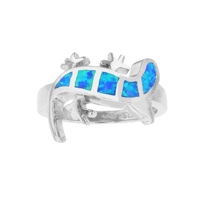 women's rings gold -Blue Opal Sideways Gecko Ring (Silver)