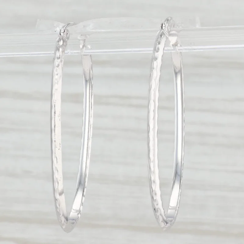 women's earrings with intricate design -Etched Oval Hoop Earrings 14k White Gold Snap Top Pierced Hoops