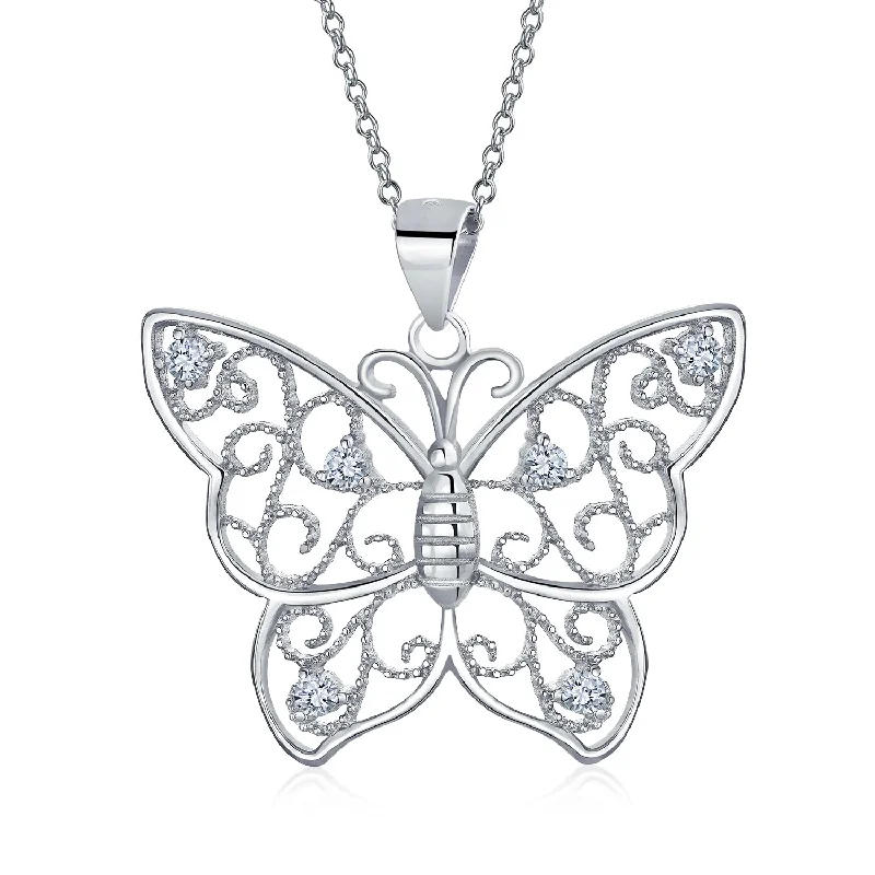 women's necklaces with modern clasp -Large Filigree Butterfly Pendant Necklace with CZ Accents in Sterling Silver