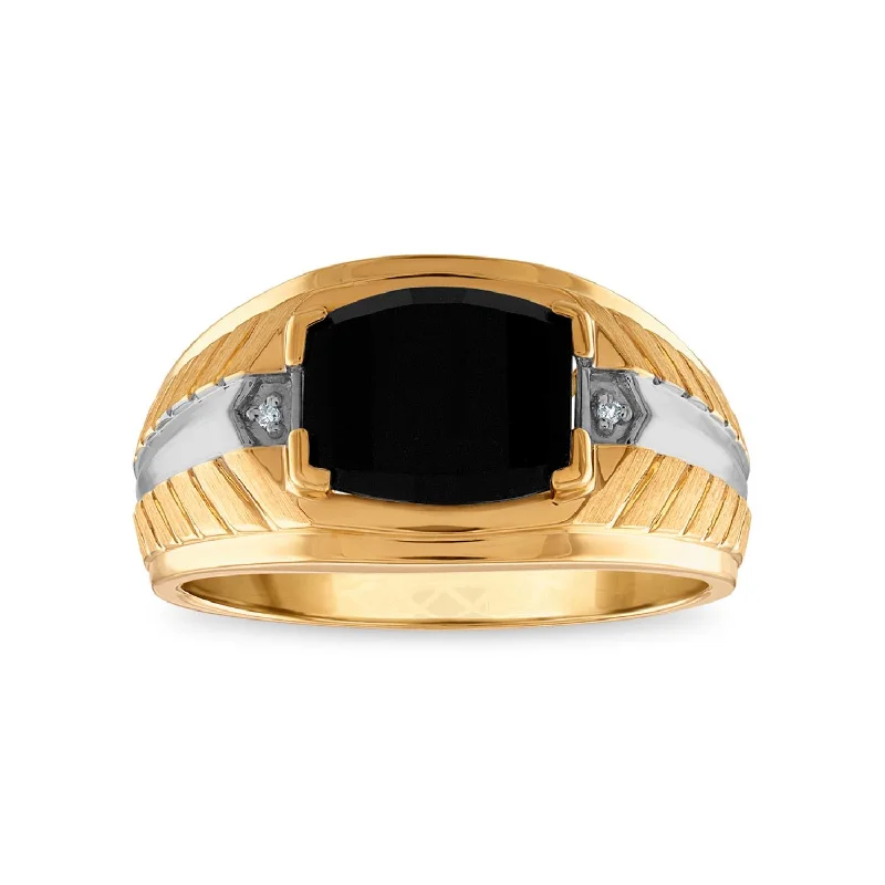 women's engagement rings with side stones -10X8MM Cushion Onyx and Diamond Fashion Nugget Ring in 10KT Yellow Gold