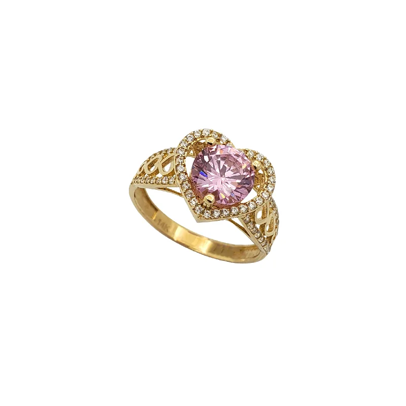 women's rings with modern setting -Pink Zirconia Halo Hearts Lady Ring (14K)