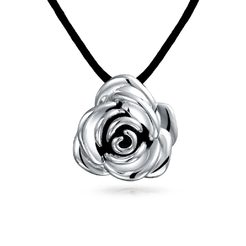 women's necklaces with large gemstone -Large Flower Rose Pendant Necklace on Black Silk Cord Oxidized Sterling Silver