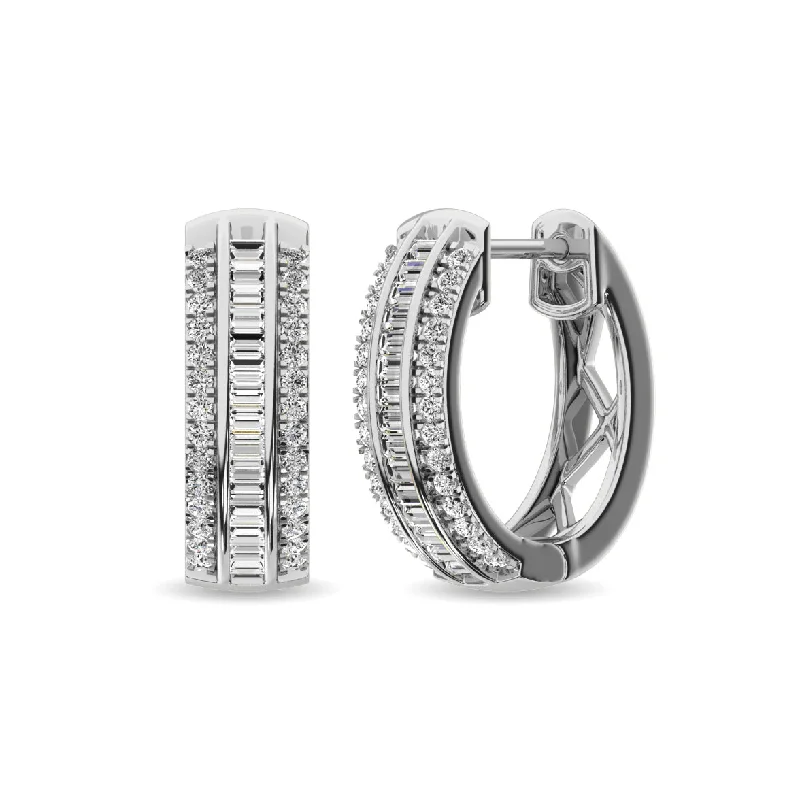 women's earrings with cubic zirconia accents -Diamond 1/3 Ct.Tw. Round and Baguette Hoop Earrings in 10K White Gold