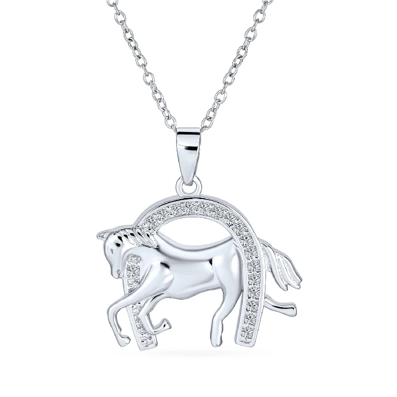 women's necklaces with delicate pendant -Pave CZ Horse Pendant Necklace with Horseshoe Western Jewelry in Sterling Silver